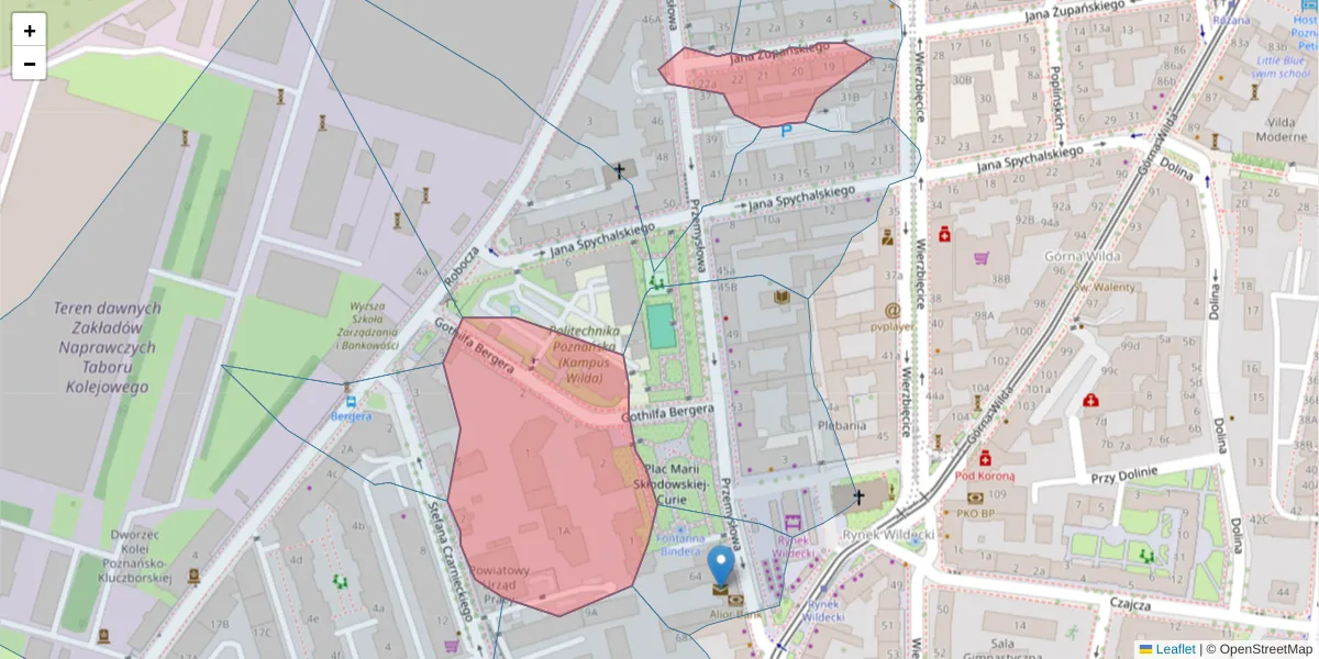 Szczegółowa mapa kodu pocztowego 61-542 z granicami, sąsiednimi kodami pocztowymi i urzędami pocztowymi