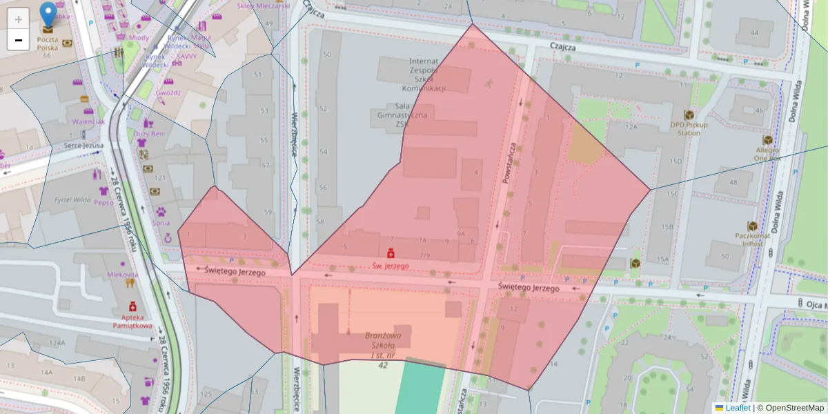 Szczegółowa mapa kodu pocztowego 61-546 z granicami, sąsiednimi kodami pocztowymi i urzędami pocztowymi