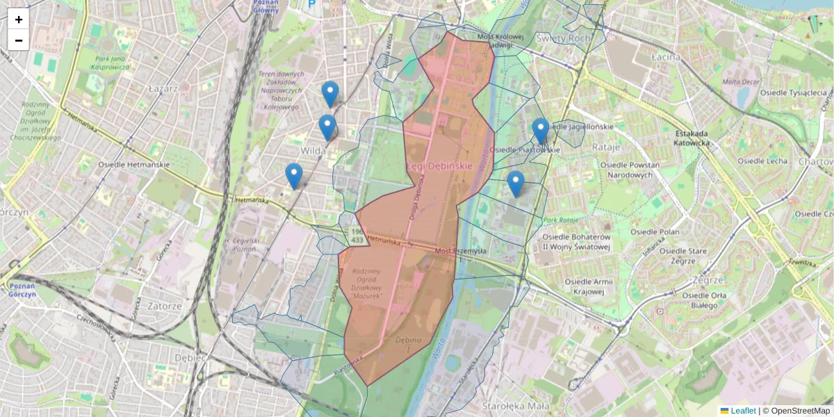 Szczegółowa mapa kodu pocztowego 61-555 z granicami, sąsiednimi kodami pocztowymi i urzędami pocztowymi