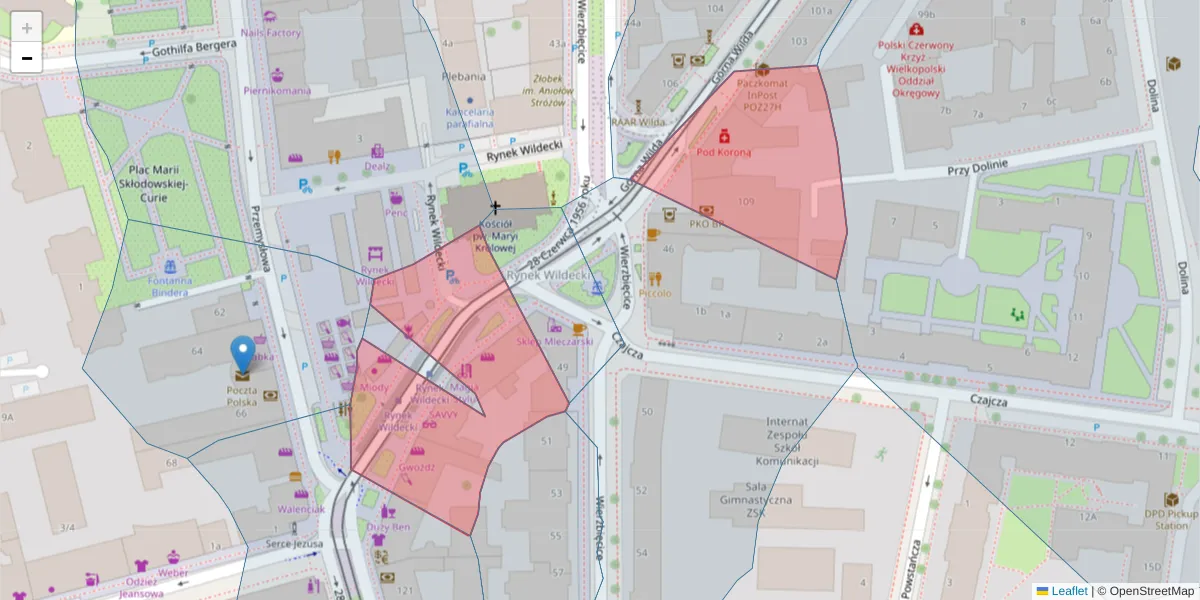 Szczegółowa mapa kodu pocztowego 61-567 z granicami, sąsiednimi kodami pocztowymi i urzędami pocztowymi