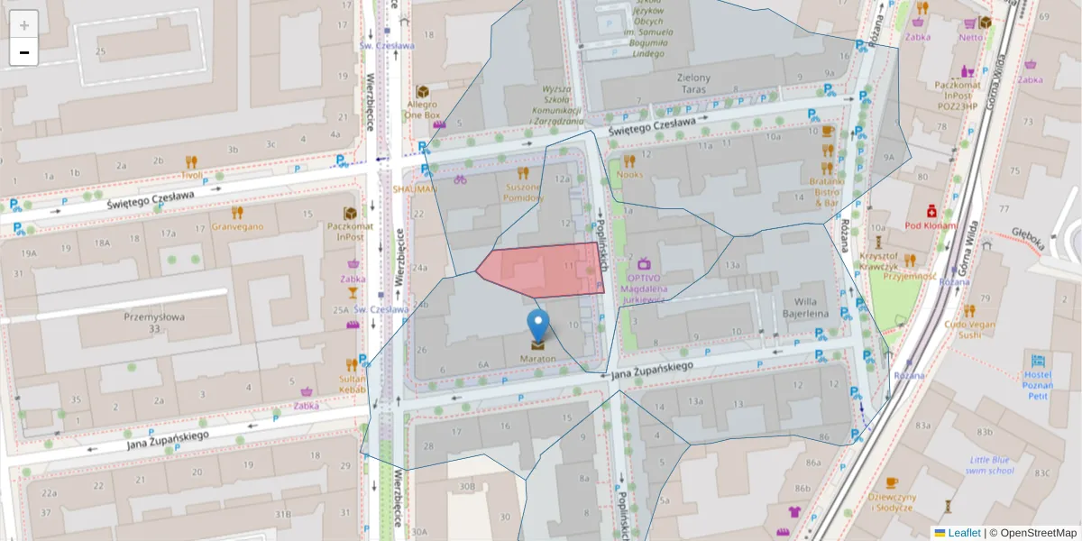 Szczegółowa mapa kodu pocztowego 61-573 z granicami, sąsiednimi kodami pocztowymi i urzędami pocztowymi