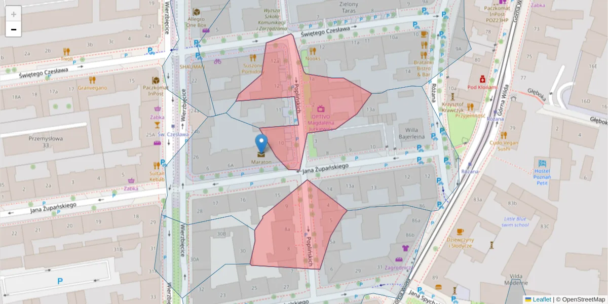 Szczegółowa mapa kodu pocztowego 61-574 z granicami, sąsiednimi kodami pocztowymi i urzędami pocztowymi