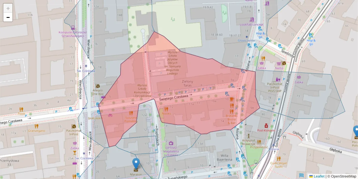 Szczegółowa mapa kodu pocztowego 61-575 z granicami, sąsiednimi kodami pocztowymi i urzędami pocztowymi