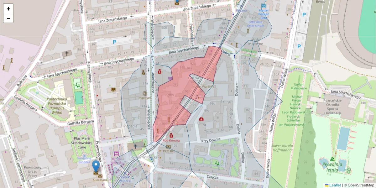 Szczegółowa mapa kodu pocztowego 61-576 z granicami, sąsiednimi kodami pocztowymi i urzędami pocztowymi