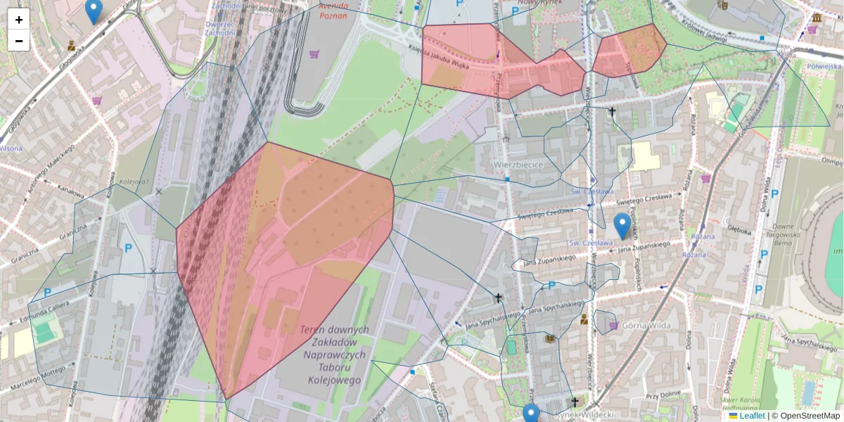 Szczegółowa mapa kodu pocztowego 61-581 z granicami, sąsiednimi kodami pocztowymi i urzędami pocztowymi