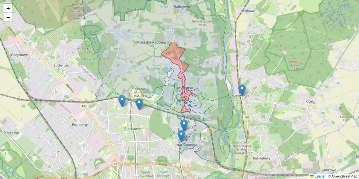 Szczegółowa mapa kodu pocztowego 61-601 z granicami, sąsiednimi kodami pocztowymi i urzędami pocztowymi