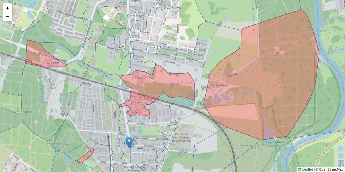 Szczegółowa mapa kodu pocztowego 61-607 z granicami, sąsiednimi kodami pocztowymi i urzędami pocztowymi