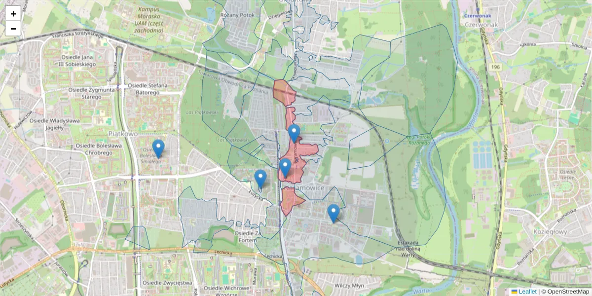 Szczegółowa mapa kodu pocztowego 61-611 z granicami, sąsiednimi kodami pocztowymi i urzędami pocztowymi