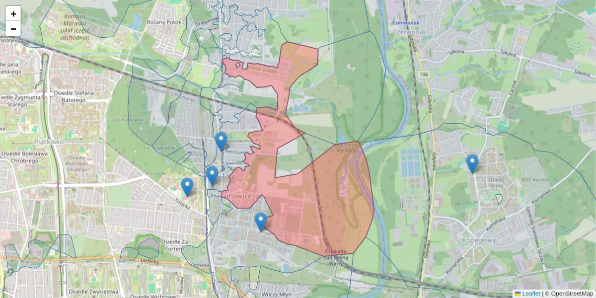 Szczegółowa mapa kodu pocztowego 61-612 z granicami, sąsiednimi kodami pocztowymi i urzędami pocztowymi