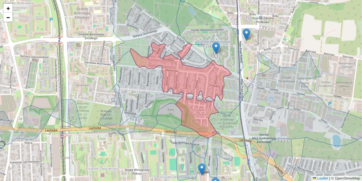 Szczegółowa mapa kodu pocztowego 61-615 z granicami, sąsiednimi kodami pocztowymi i urzędami pocztowymi