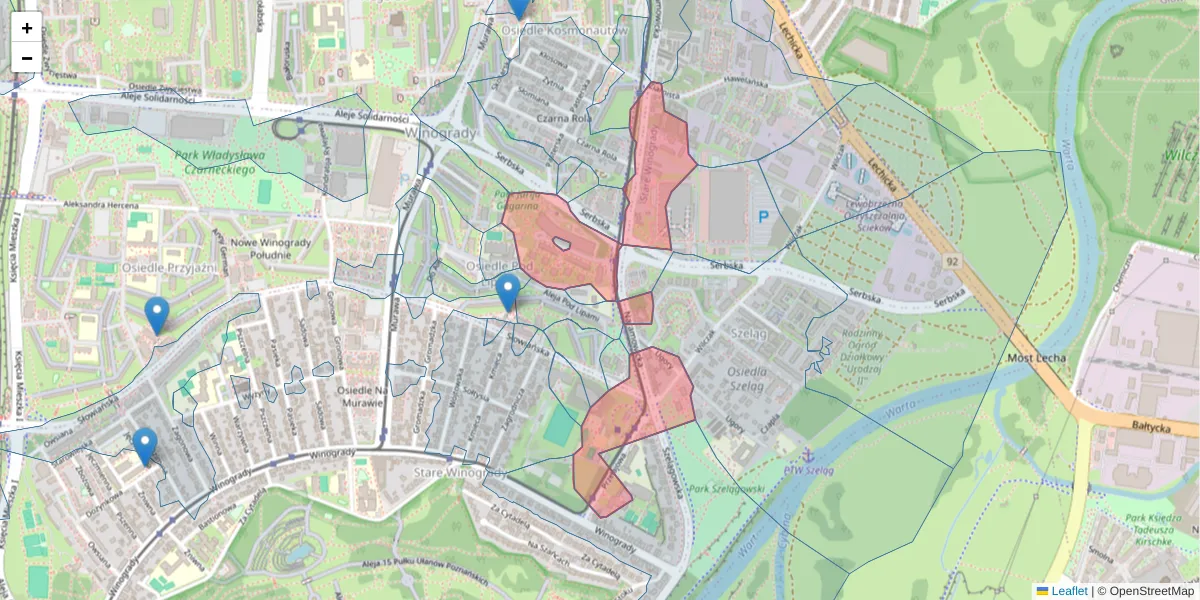 Szczegółowa mapa kodu pocztowego 61-622 z granicami, sąsiednimi kodami pocztowymi i urzędami pocztowymi