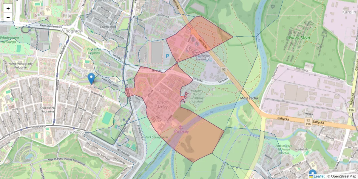 Szczegółowa mapa kodu pocztowego 61-623 z granicami, sąsiednimi kodami pocztowymi i urzędami pocztowymi