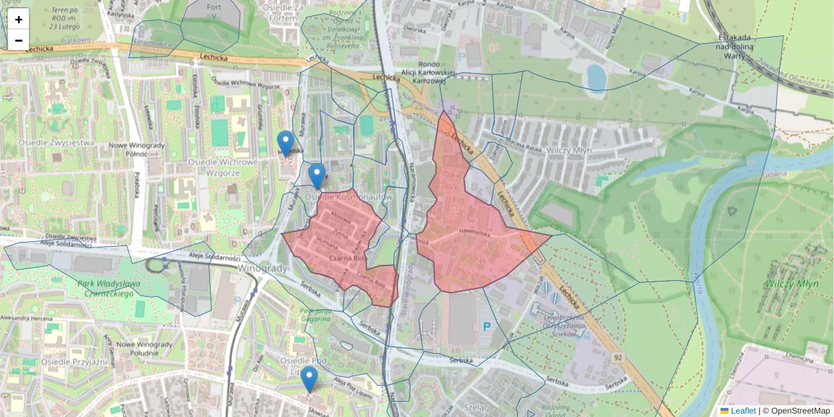 Szczegółowa mapa kodu pocztowego 61-625 z granicami, sąsiednimi kodami pocztowymi i urzędami pocztowymi