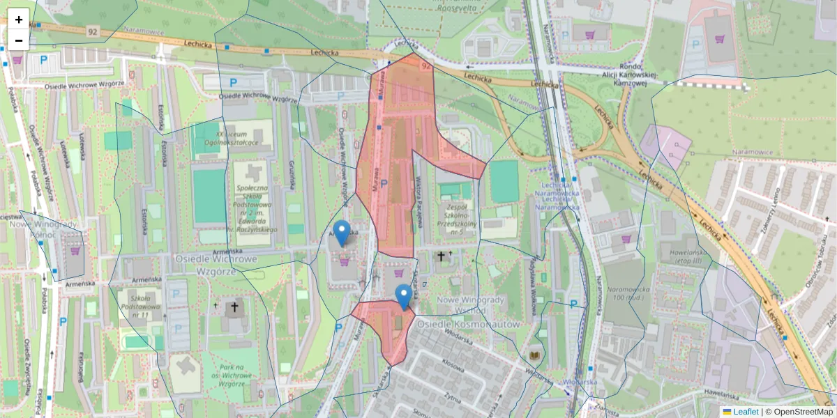 Szczegółowa mapa kodu pocztowego 61-627 z granicami, sąsiednimi kodami pocztowymi i urzędami pocztowymi