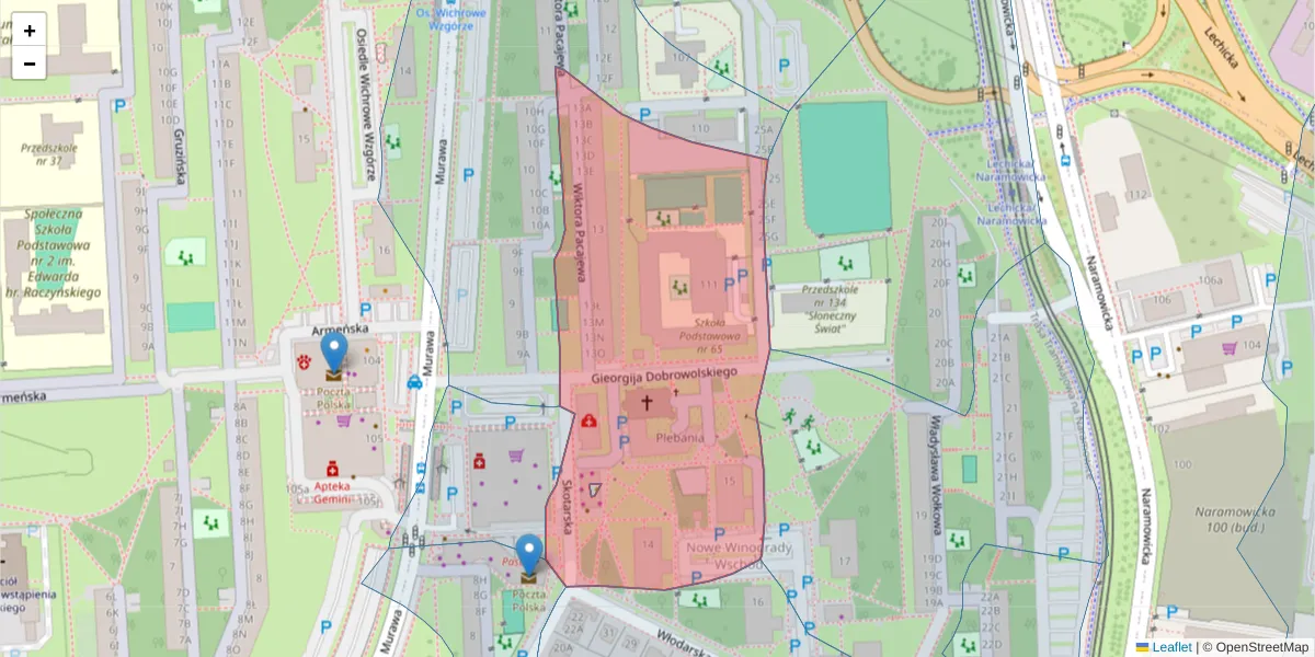Szczegółowa mapa kodu pocztowego 61-631 z granicami, sąsiednimi kodami pocztowymi i urzędami pocztowymi