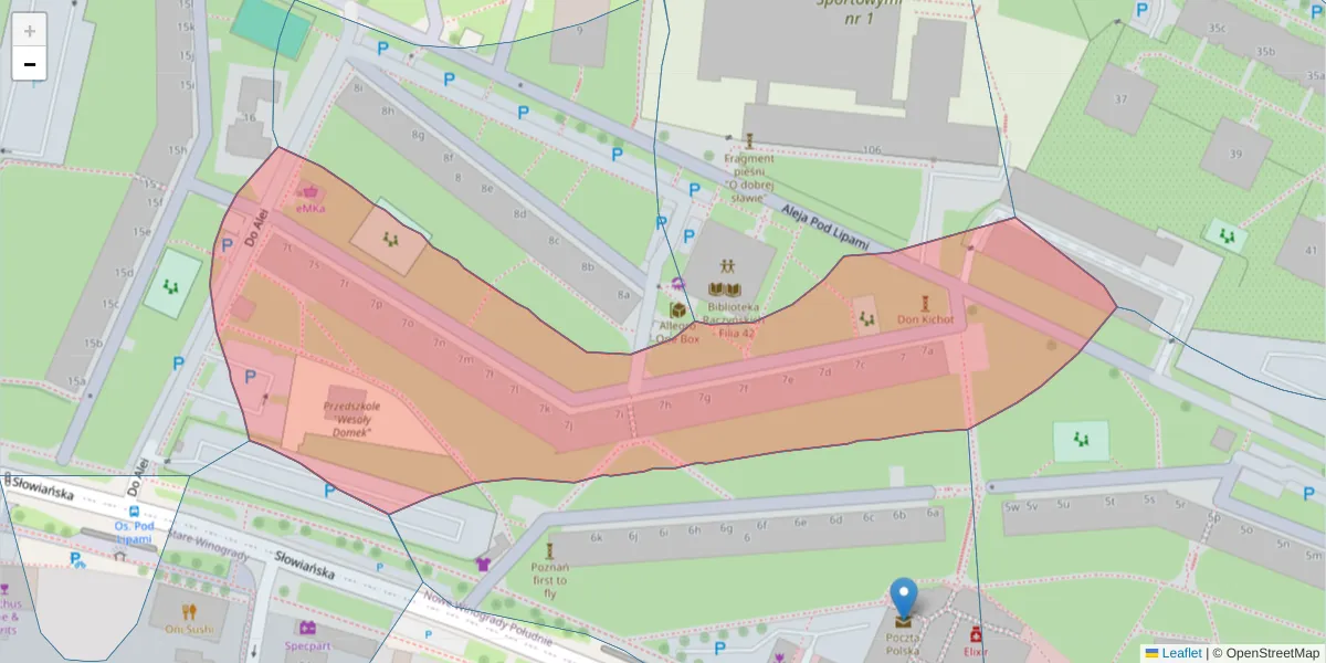 Szczegółowa mapa kodu pocztowego 61-633 z granicami, sąsiednimi kodami pocztowymi i urzędami pocztowymi