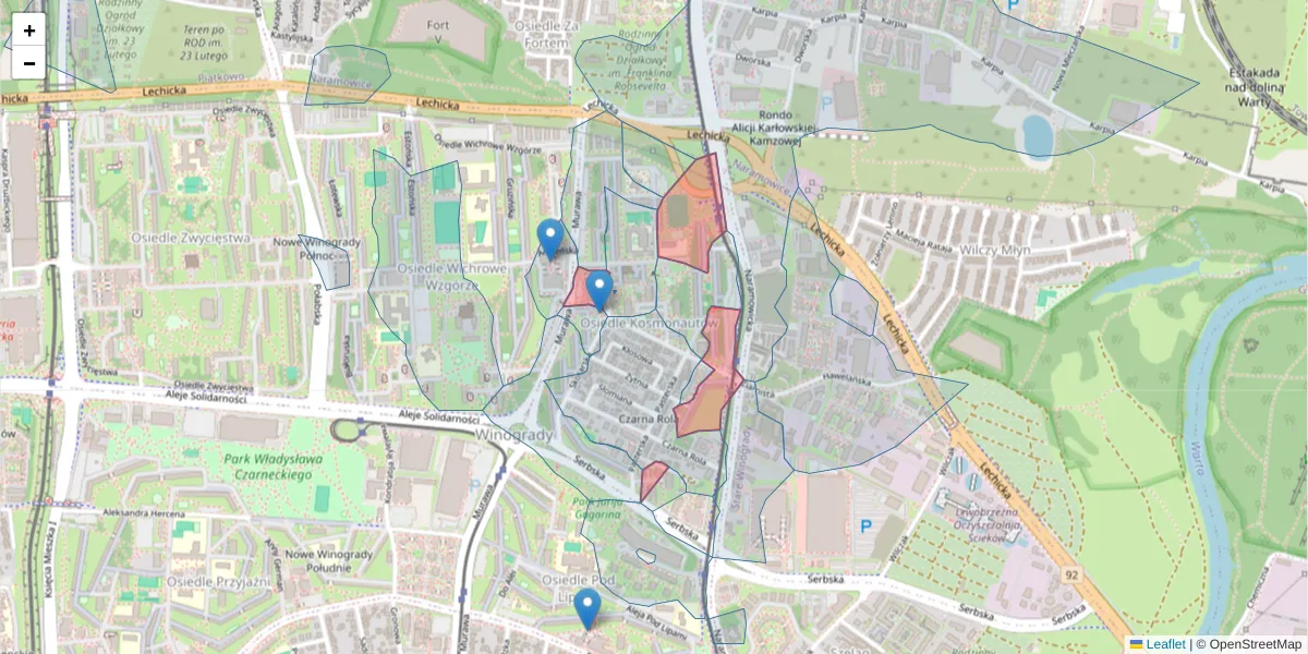 Szczegółowa mapa kodu pocztowego 61-642 z granicami, sąsiednimi kodami pocztowymi i urzędami pocztowymi