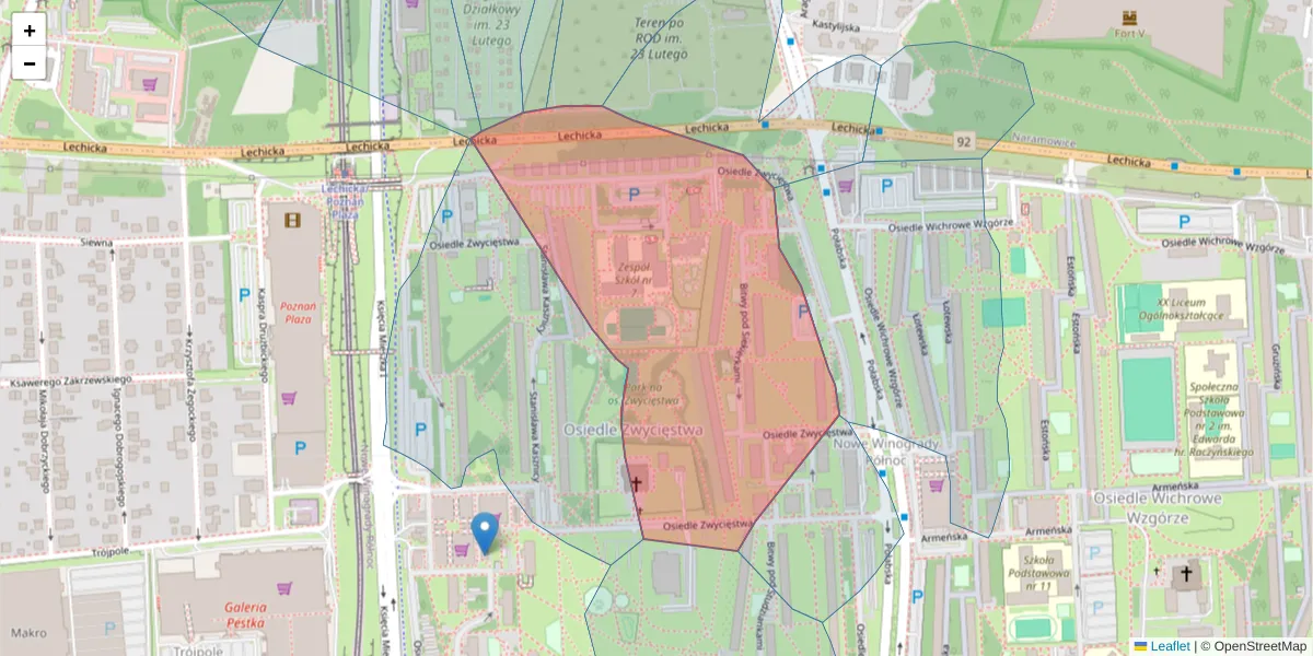 Szczegółowa mapa kodu pocztowego 61-643 z granicami, sąsiednimi kodami pocztowymi i urzędami pocztowymi