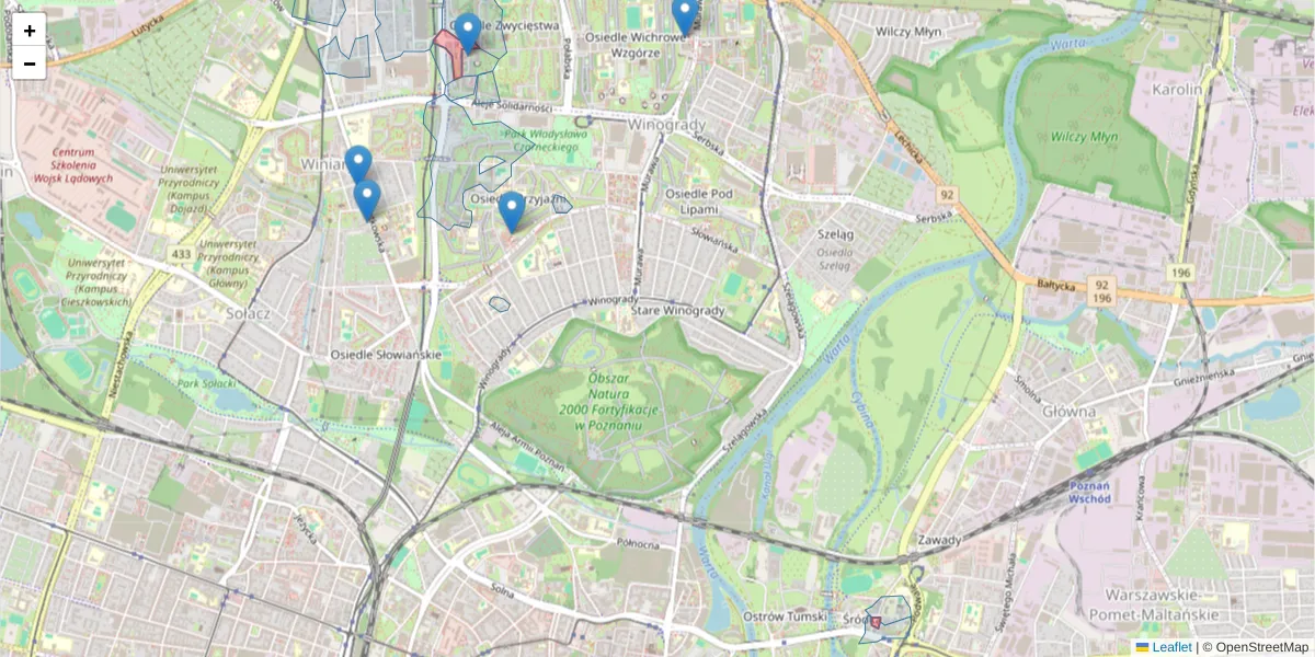 Szczegółowa mapa kodu pocztowego 61-653 z granicami, sąsiednimi kodami pocztowymi i urzędami pocztowymi