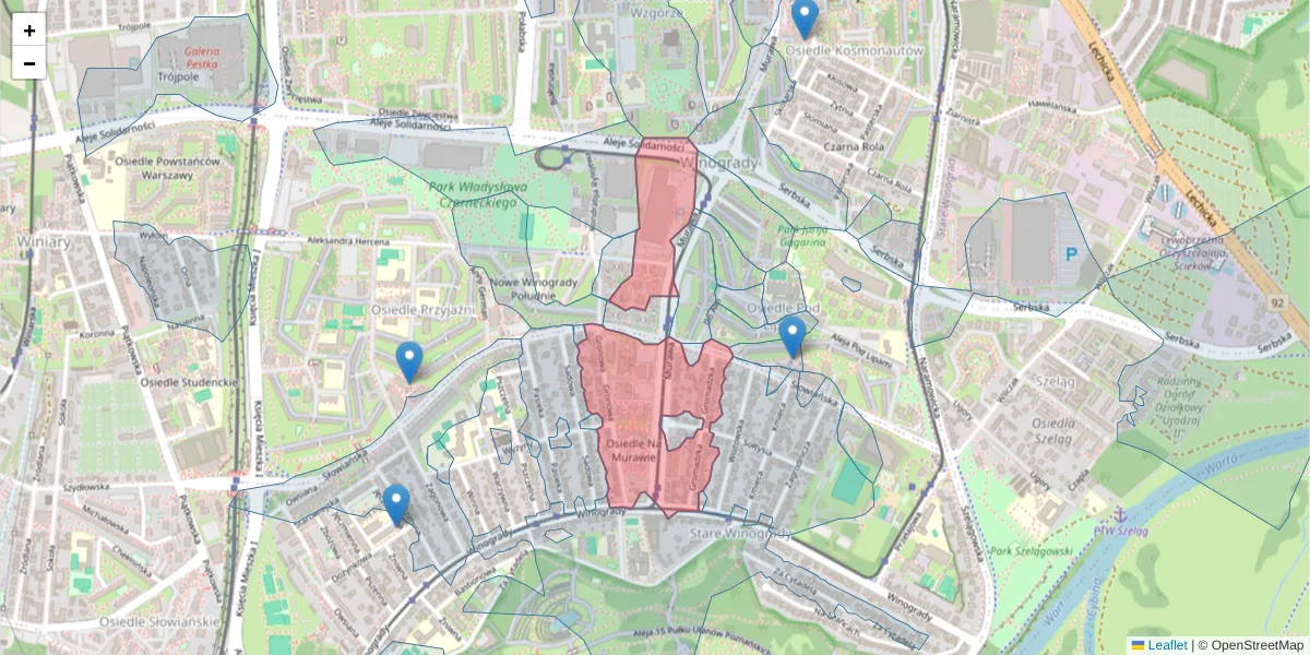 Szczegółowa mapa kodu pocztowego 61-655 z granicami, sąsiednimi kodami pocztowymi i urzędami pocztowymi