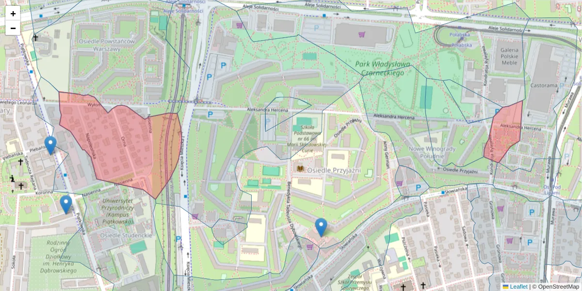 Szczegółowa mapa kodu pocztowego 61-671 z granicami, sąsiednimi kodami pocztowymi i urzędami pocztowymi