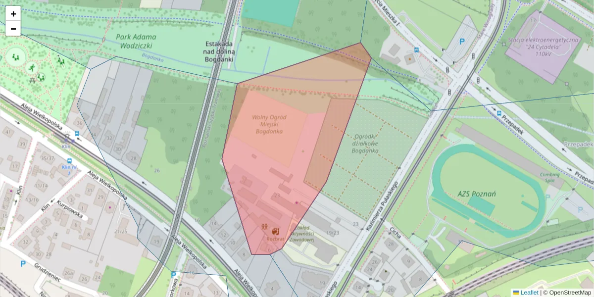 Szczegółowa mapa kodu pocztowego 61-672 z granicami, sąsiednimi kodami pocztowymi i urzędami pocztowymi