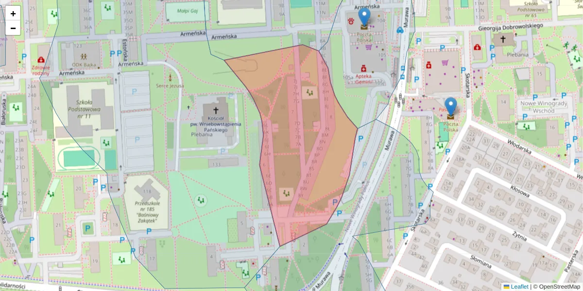 Szczegółowa mapa kodu pocztowego 61-673 z granicami, sąsiednimi kodami pocztowymi i urzędami pocztowymi