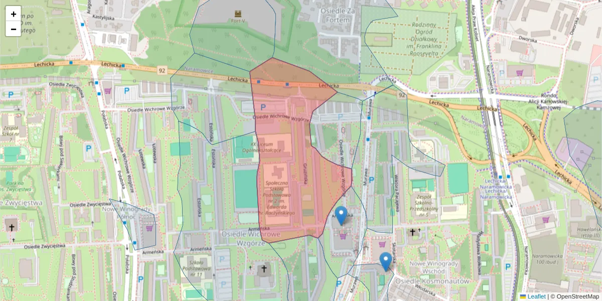 Szczegółowa mapa kodu pocztowego 61-674 z granicami, sąsiednimi kodami pocztowymi i urzędami pocztowymi
