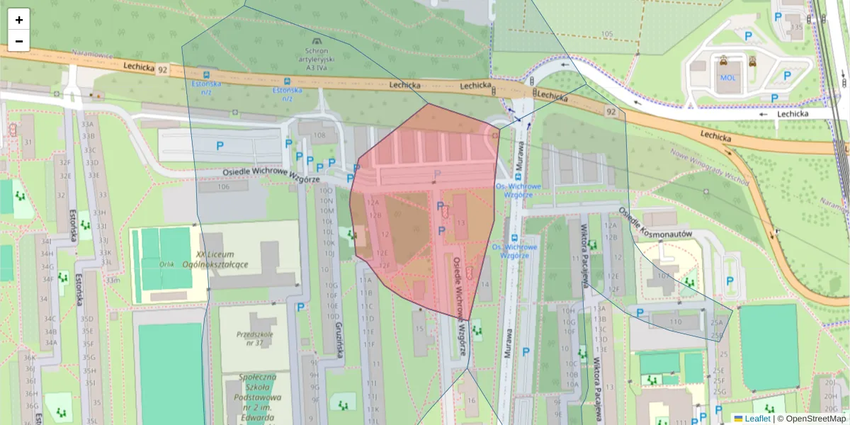 Szczegółowa mapa kodu pocztowego 61-675 z granicami, sąsiednimi kodami pocztowymi i urzędami pocztowymi