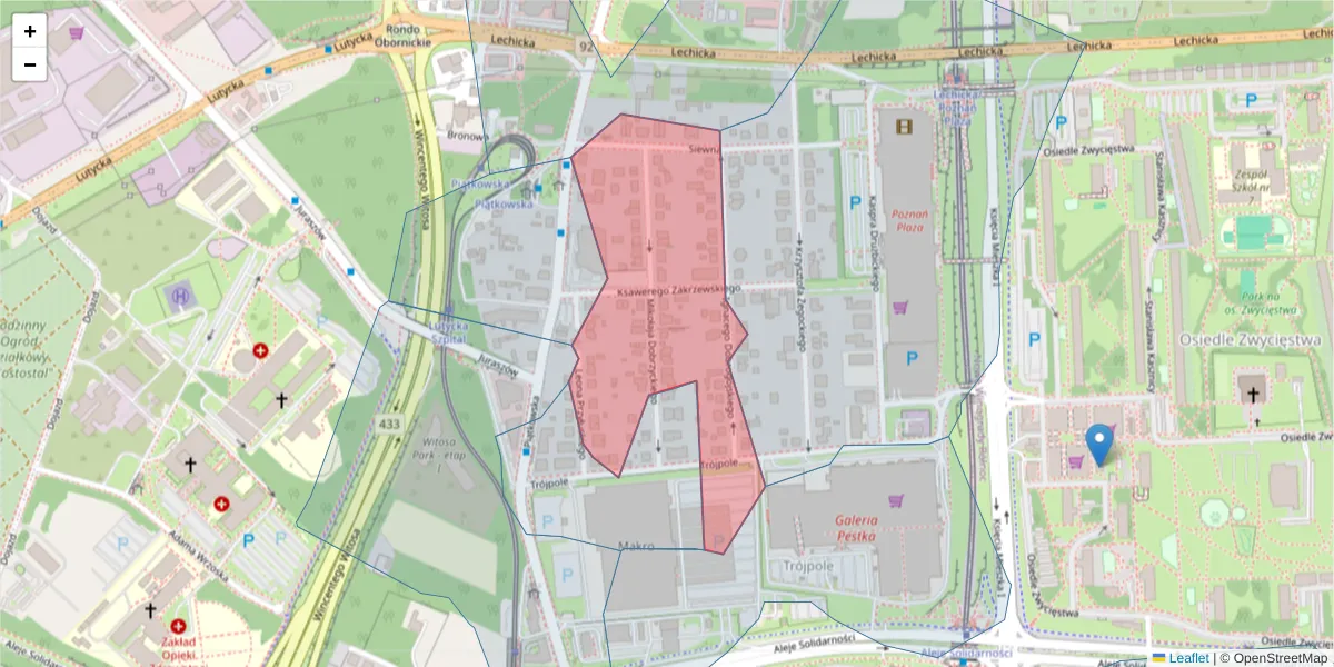 Szczegółowa mapa kodu pocztowego 61-692 z granicami, sąsiednimi kodami pocztowymi i urzędami pocztowymi
