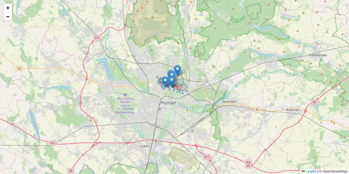 Szczegółowa mapa kodu pocztowego 61-696 z granicami, sąsiednimi kodami pocztowymi i urzędami pocztowymi