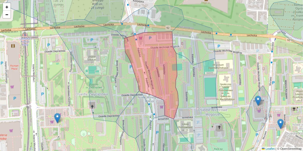 Szczegółowa mapa kodu pocztowego 61-697 z granicami, sąsiednimi kodami pocztowymi i urzędami pocztowymi