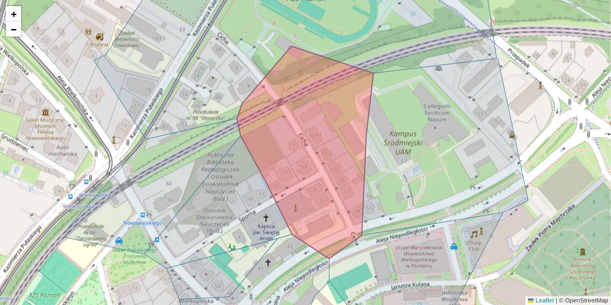 Szczegółowa mapa kodu pocztowego 61-710 z granicami, sąsiednimi kodami pocztowymi i urzędami pocztowymi