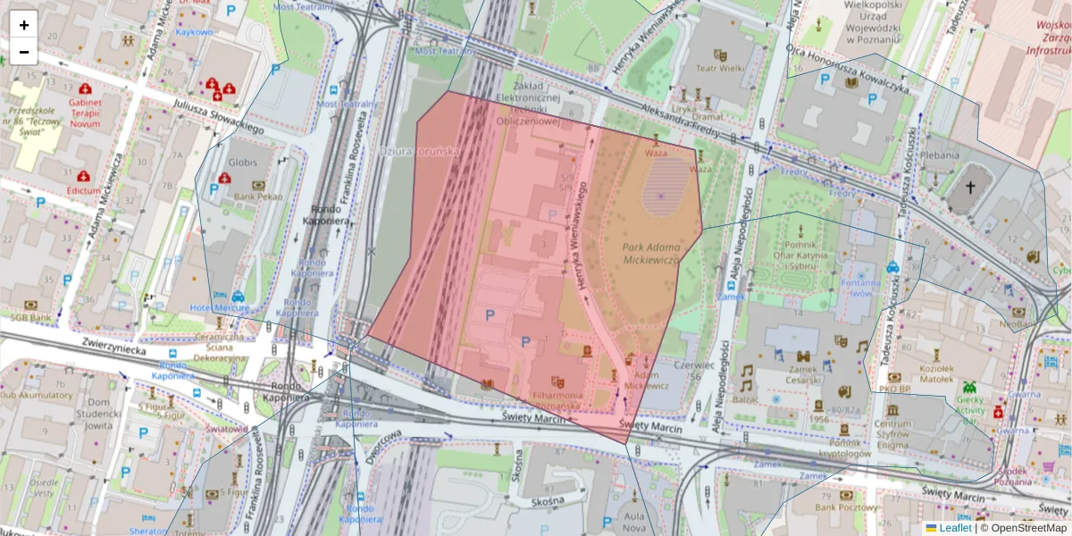 Szczegółowa mapa kodu pocztowego 61-712 z granicami, sąsiednimi kodami pocztowymi i urzędami pocztowymi
