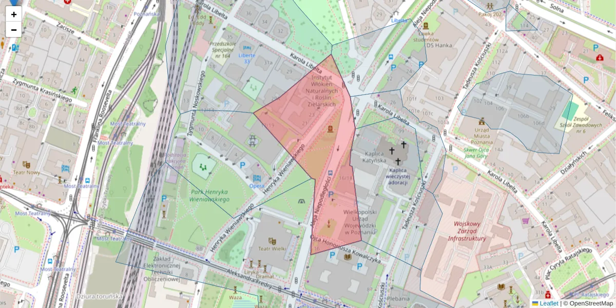 Szczegółowa mapa kodu pocztowego 61-713 z granicami, sąsiednimi kodami pocztowymi i urzędami pocztowymi