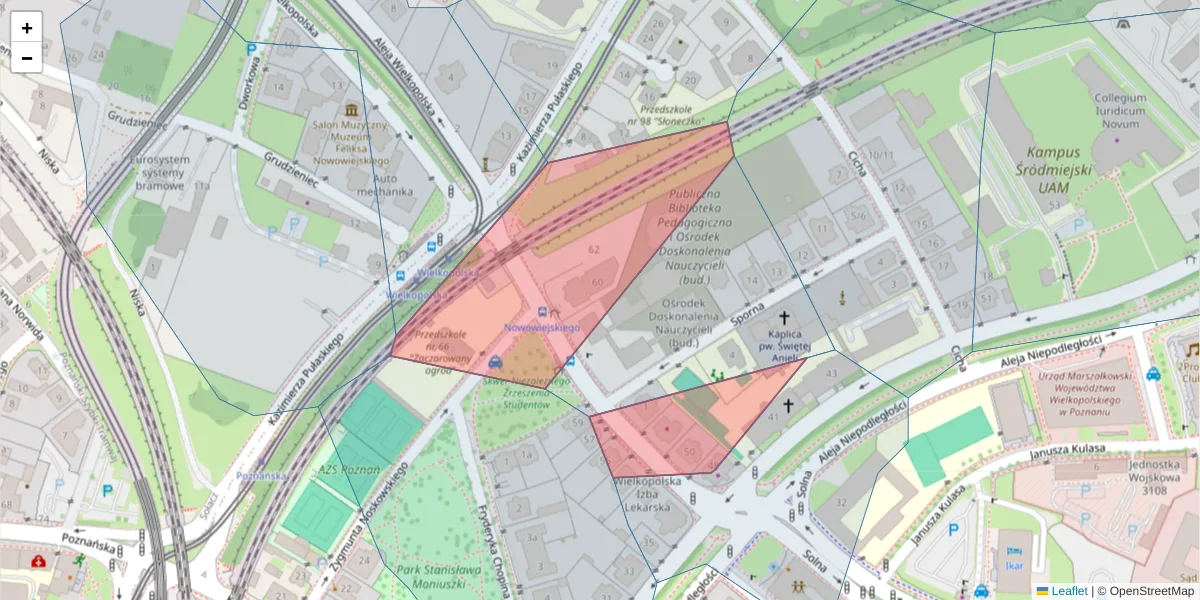 Szczegółowa mapa kodu pocztowego 61-734 z granicami, sąsiednimi kodami pocztowymi i urzędami pocztowymi