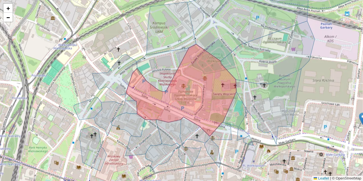 Szczegółowa mapa kodu pocztowego 61-736 z granicami, sąsiednimi kodami pocztowymi i urzędami pocztowymi