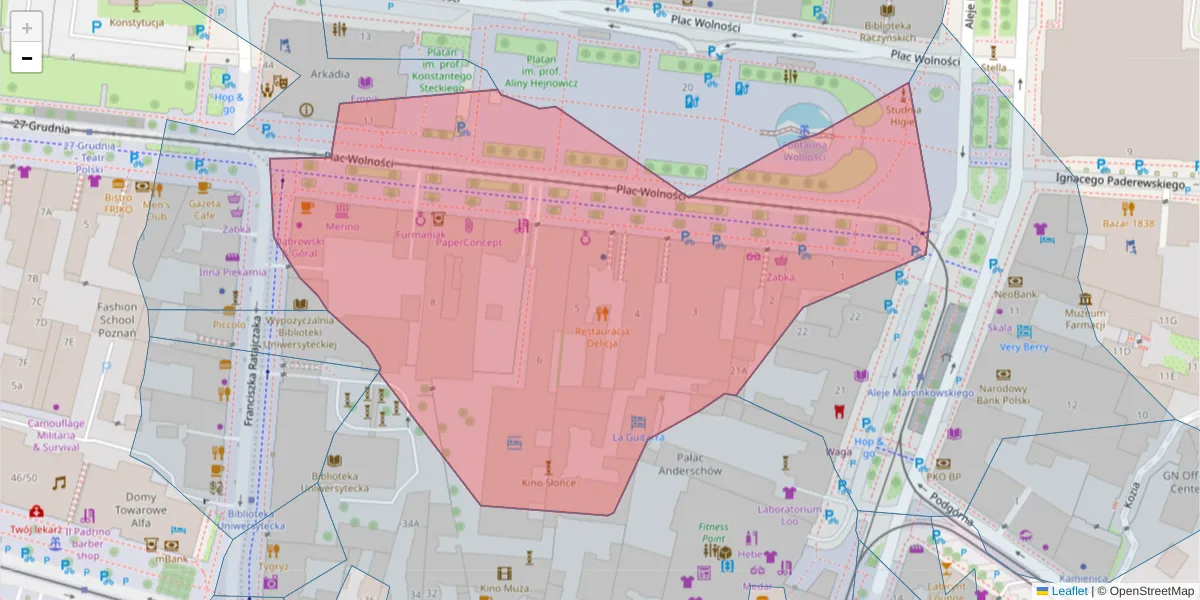 Szczegółowa mapa kodu pocztowego 61-738 z granicami, sąsiednimi kodami pocztowymi i urzędami pocztowymi