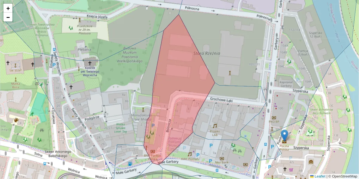 Szczegółowa mapa kodu pocztowego 61-751 z granicami, sąsiednimi kodami pocztowymi i urzędami pocztowymi