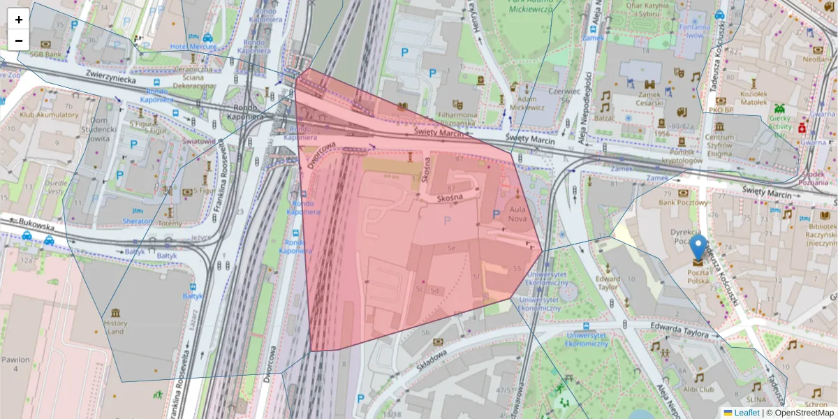 Szczegółowa mapa kodu pocztowego 61-802 z granicami, sąsiednimi kodami pocztowymi i urzędami pocztowymi