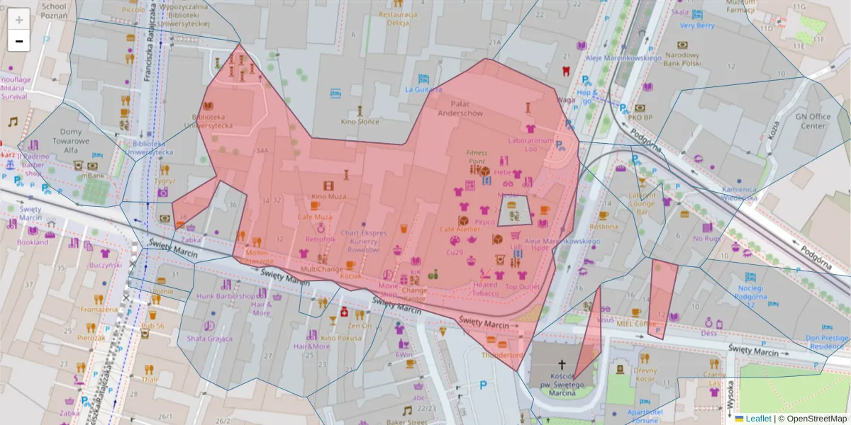 Szczegółowa mapa kodu pocztowego 61-805 z granicami, sąsiednimi kodami pocztowymi i urzędami pocztowymi