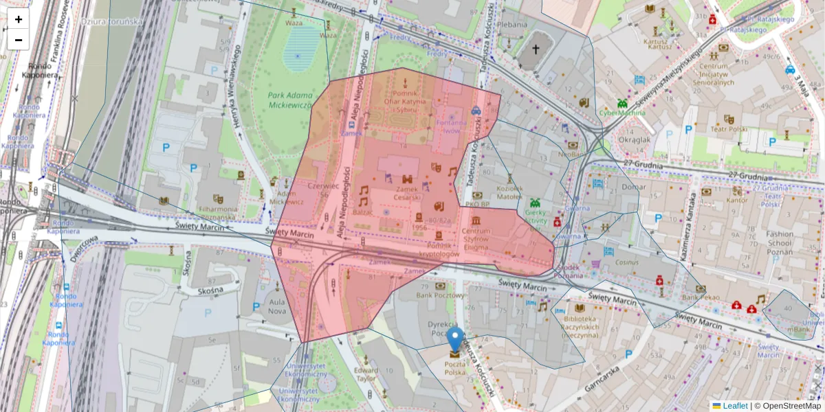 Szczegółowa mapa kodu pocztowego 61-809 z granicami, sąsiednimi kodami pocztowymi i urzędami pocztowymi