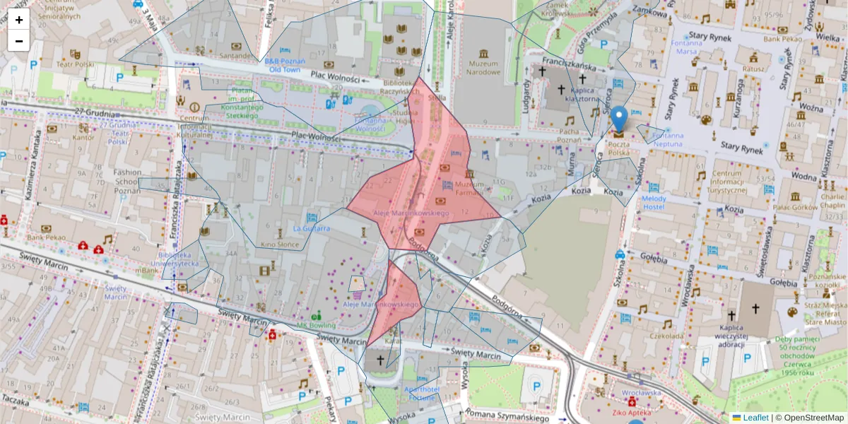 Szczegółowa mapa kodu pocztowego 61-827 z granicami, sąsiednimi kodami pocztowymi i urzędami pocztowymi