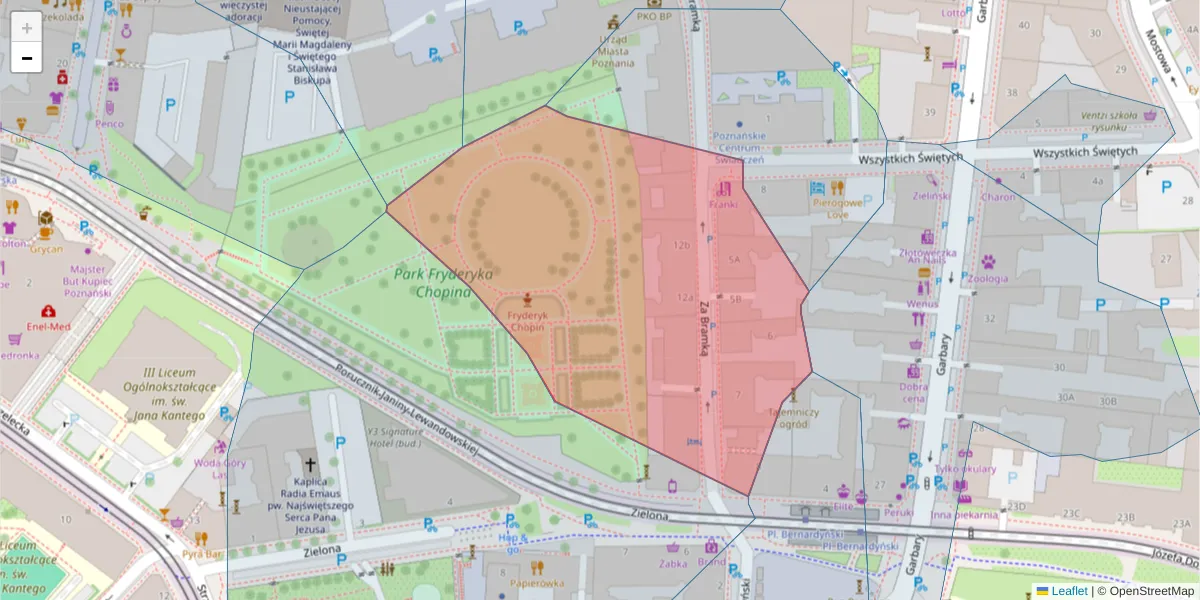 Szczegółowa mapa kodu pocztowego 61-842 z granicami, sąsiednimi kodami pocztowymi i urzędami pocztowymi