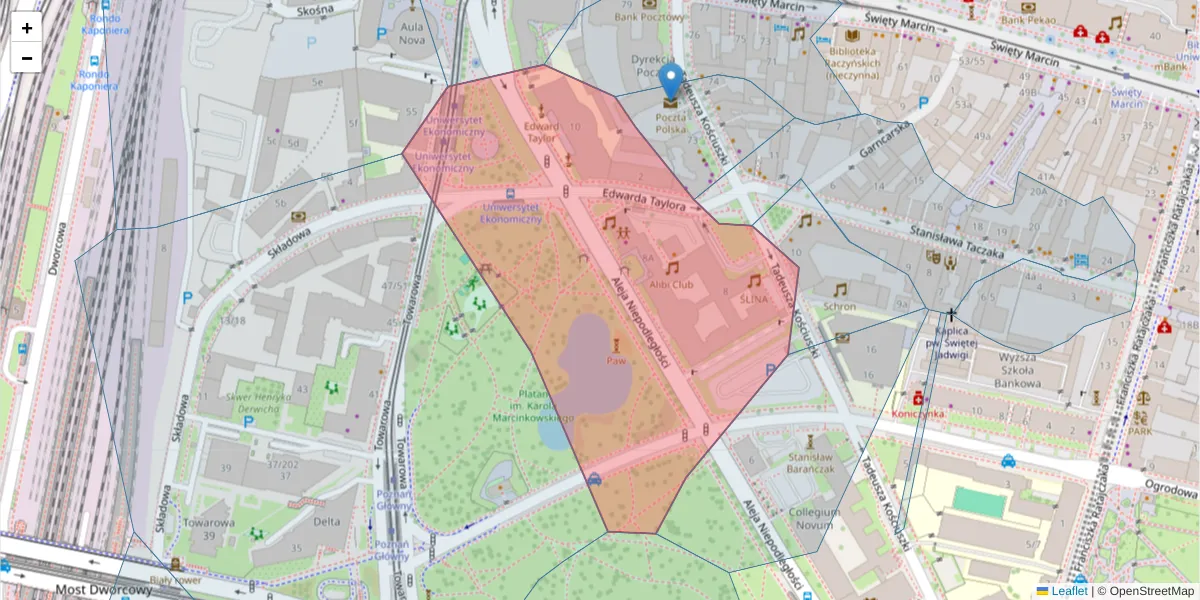 Szczegółowa mapa kodu pocztowego 61-875 z granicami, sąsiednimi kodami pocztowymi i urzędami pocztowymi