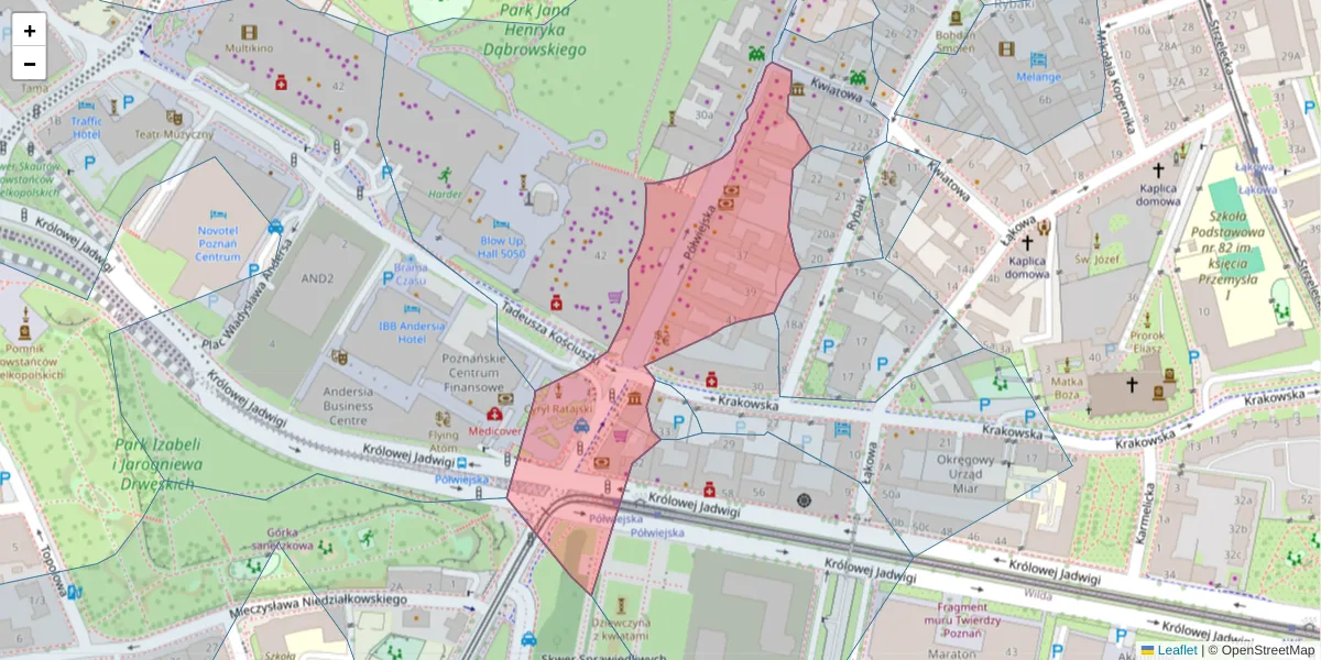 Szczegółowa mapa kodu pocztowego 61-886 z granicami, sąsiednimi kodami pocztowymi i urzędami pocztowymi