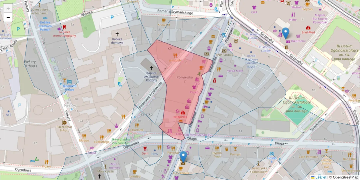 Szczegółowa mapa kodu pocztowego 61-887 z granicami, sąsiednimi kodami pocztowymi i urzędami pocztowymi