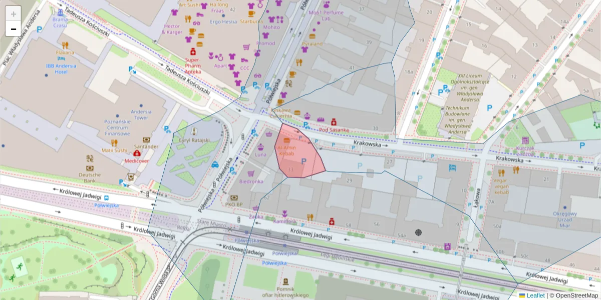 Szczegółowa mapa kodu pocztowego 61-889 z granicami, sąsiednimi kodami pocztowymi i urzędami pocztowymi