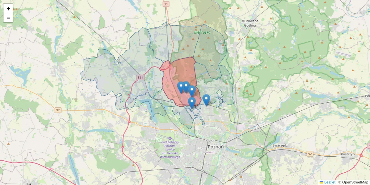 Szczegółowa mapa kodu pocztowego 62-002 z granicami, sąsiednimi kodami pocztowymi i urzędami pocztowymi
