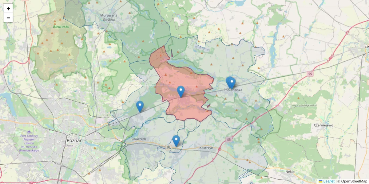 Szczegółowa mapa kodu pocztowego 62-007 z granicami, sąsiednimi kodami pocztowymi i urzędami pocztowymi
